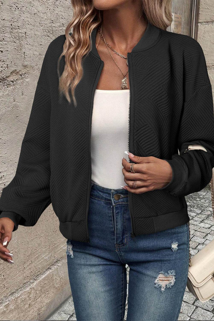 Myosotis Solid Textured Stand Neck Zipper Bomber Jacket - Fashion Queen -  22