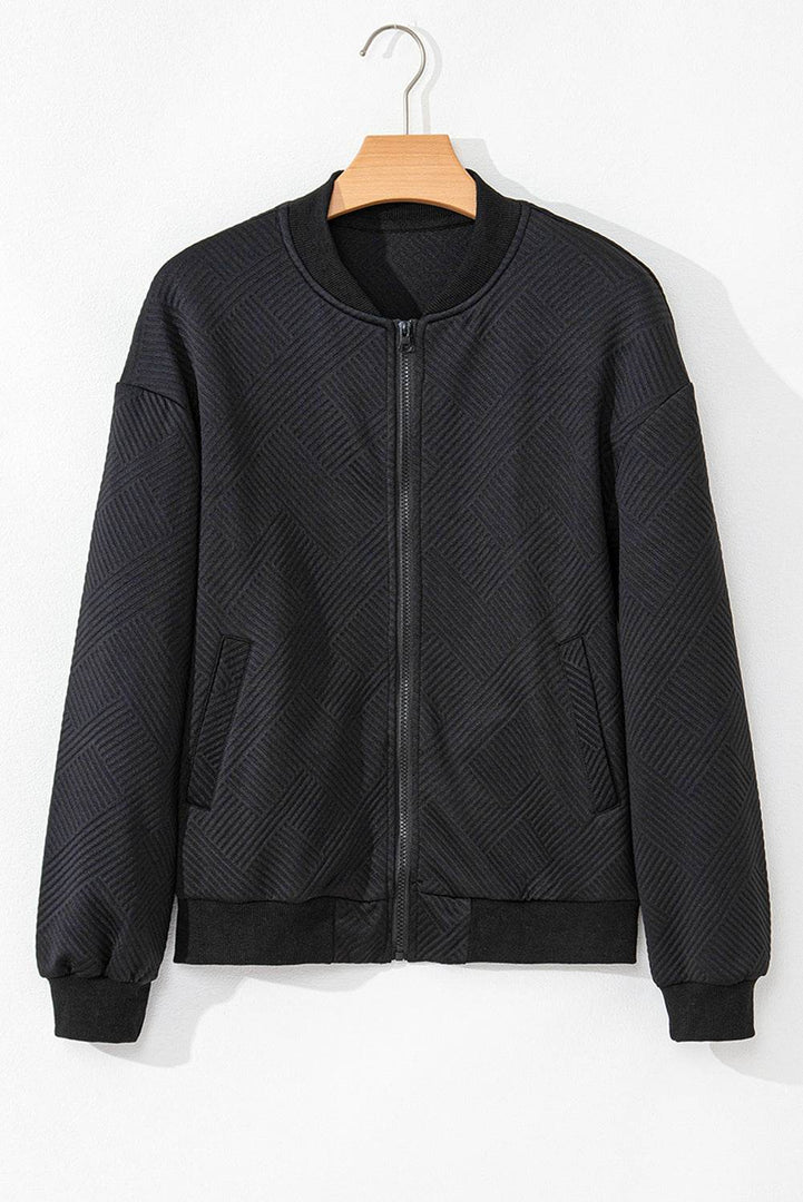 Myosotis Solid Textured Stand Neck Zipper Bomber Jacket - Fashion Queen -  23