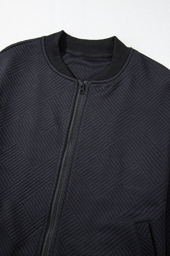 Myosotis Solid Textured Stand Neck Zipper Bomber Jacket - Fashion Queen -  25