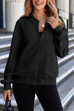 Load image into Gallery viewer, Myosotis Solid Textured Stand Neck Zipper Bomber Jacket - Fashion Queen -  4
