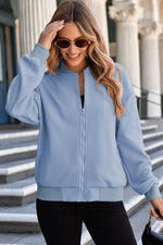 Load image into Gallery viewer, Myosotis Solid Textured Stand Neck Zipper Bomber Jacket - Fashion Queen -  7
