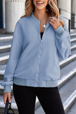 Load image into Gallery viewer, Myosotis Solid Textured Stand Neck Zipper Bomber Jacket - Fashion Queen -  9
