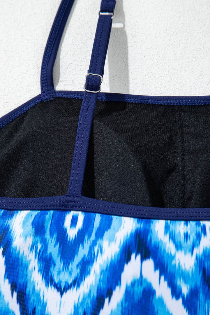Navy Blue Abstract Print Frilled Trim Spaghetti Straps Tankini Set - Fashion Queen -  12
