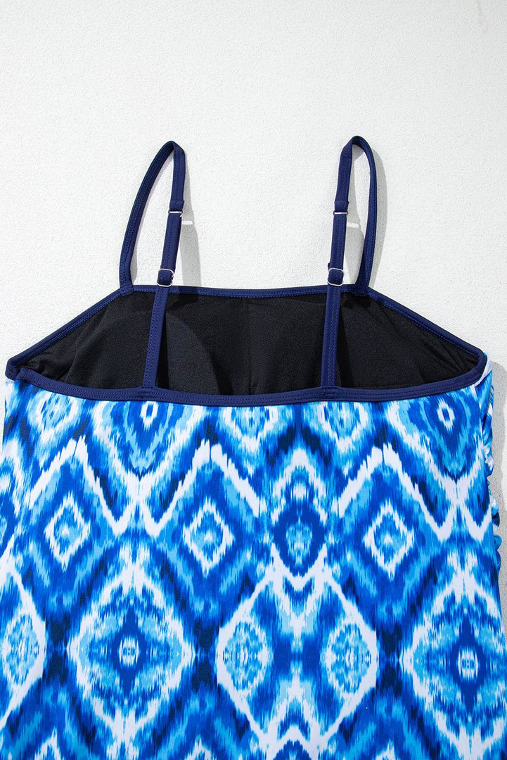 Navy Blue Abstract Print Frilled Trim Spaghetti Straps Tankini Set - Fashion Queen -  13
