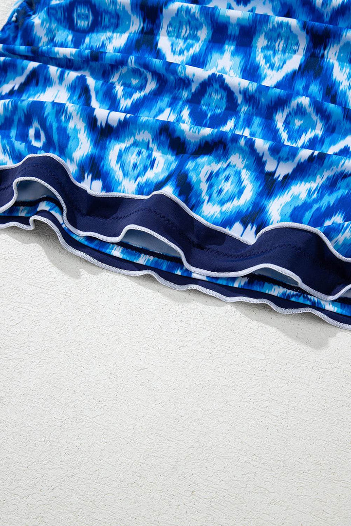 Navy Blue Abstract Print Frilled Trim Spaghetti Straps Tankini Set - Fashion Queen -  14