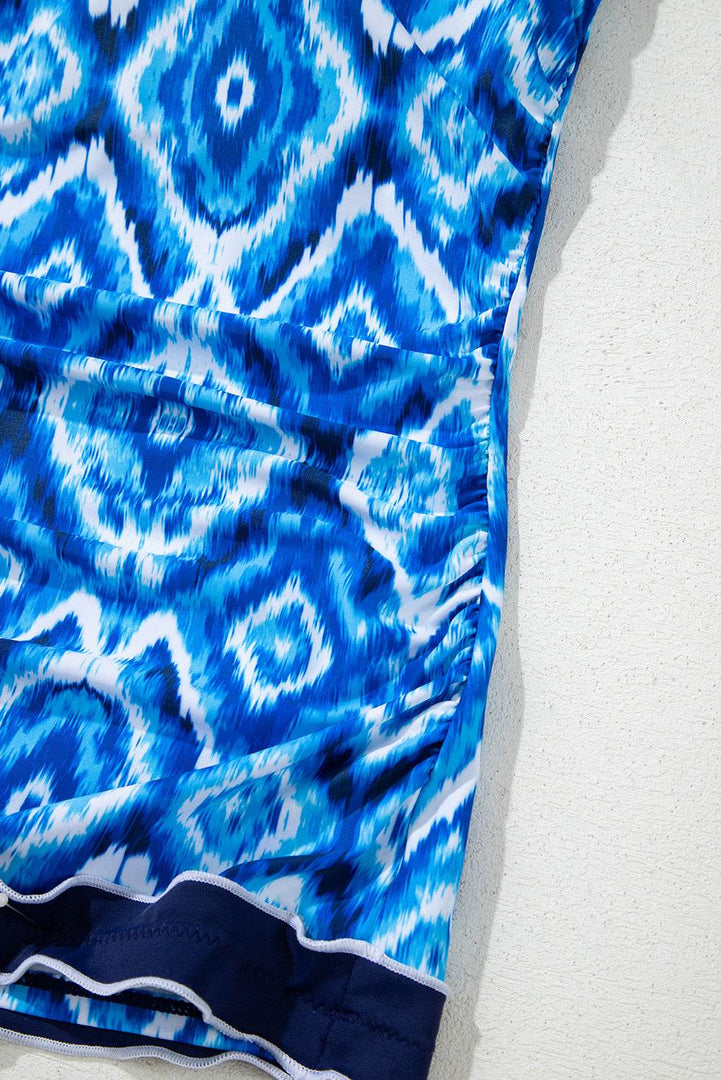 Navy Blue Abstract Print Frilled Trim Spaghetti Straps Tankini Set - Fashion Queen -  15