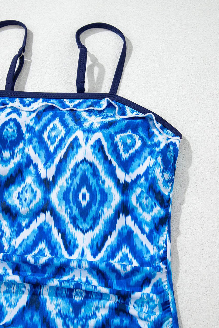 Navy Blue Abstract Print Frilled Trim Spaghetti Straps Tankini Set - Fashion Queen -  16
