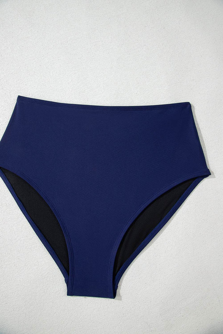 Navy Blue Abstract Print Frilled Trim Spaghetti Straps Tankini Set - Fashion Queen -  17
