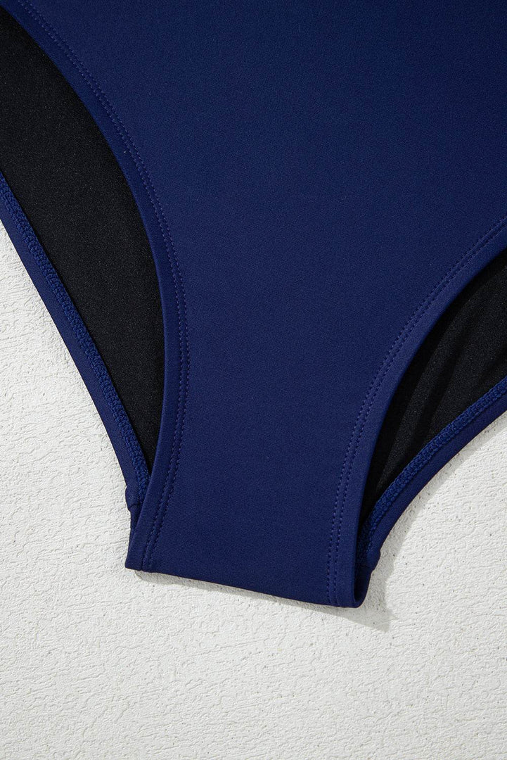 Navy Blue Abstract Print Frilled Trim Spaghetti Straps Tankini Set - Fashion Queen -  18