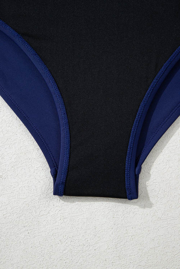 Navy Blue Abstract Print Frilled Trim Spaghetti Straps Tankini Set - Fashion Queen -  20