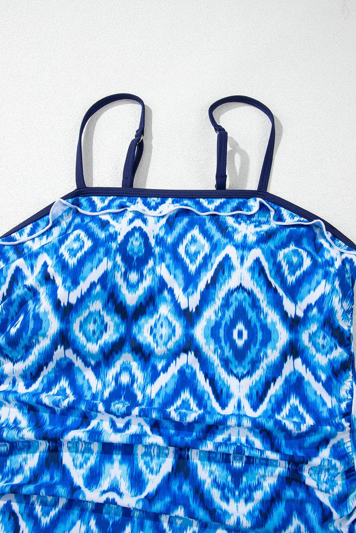 Navy Blue Abstract Print Frilled Trim Spaghetti Straps Tankini Set - Fashion Queen -  21
