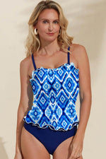 Load image into Gallery viewer, Navy Blue Abstract Print Frilled Trim Spaghetti Straps Tankini Set - Fashion Queen -  24
