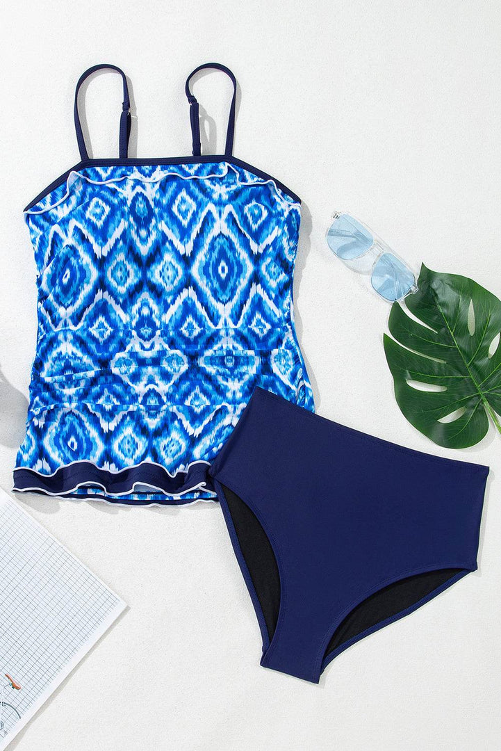 Navy Blue Abstract Print Frilled Trim Spaghetti Straps Tankini Set - Fashion Queen -  7