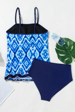 Load image into Gallery viewer, Navy Blue Abstract Print Frilled Trim Spaghetti Straps Tankini Set - Fashion Queen -  8

