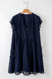 Navy Blue Dotty Textured Notched Neck Plus Ruffled Dress - Fashion Queen -  1