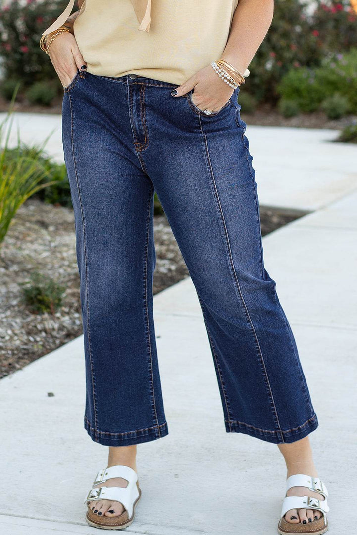 Navy Blue Plus Size Seamed Wide Leg High Waist Jeans - Fashion Queen -  1