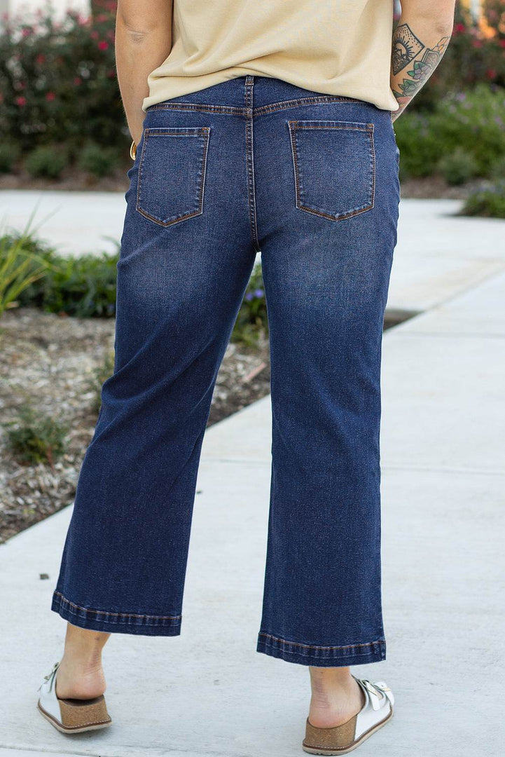 Navy Blue Plus Size Seamed Wide Leg High Waist Jeans - Fashion Queen -  2