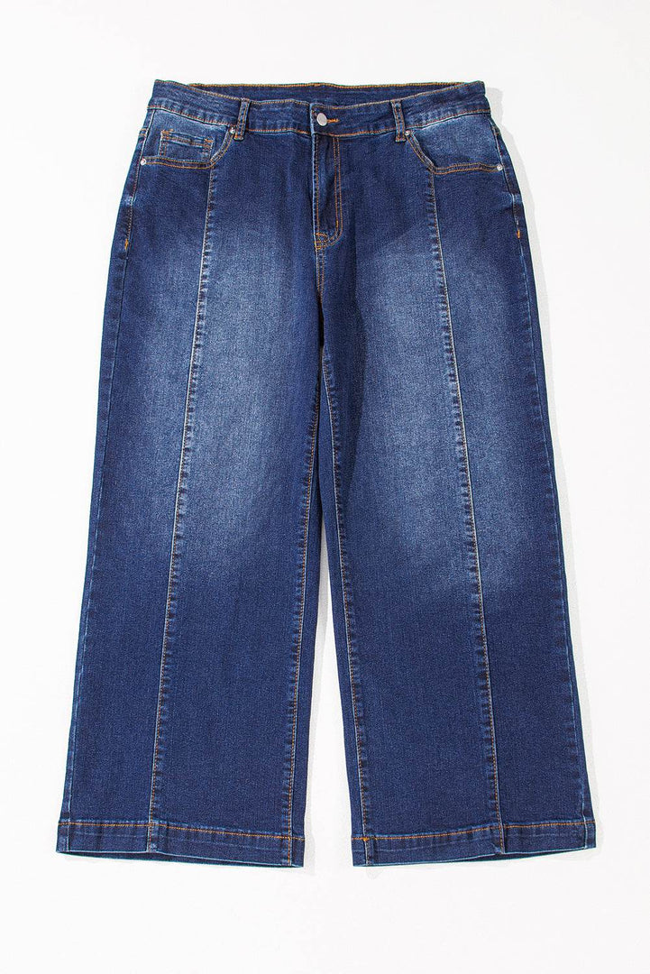 Navy Blue Plus Size Seamed Wide Leg High Waist Jeans - Fashion Queen -  7