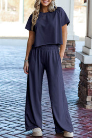 Navy Blue Raw Hem Loose Tee and Wide Leg Pants Set - Fashion Queen -  1