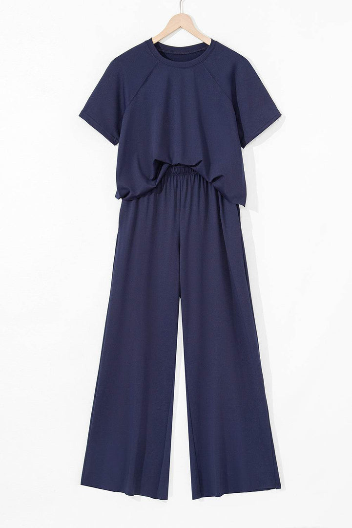 Navy Blue Raw Hem Loose Tee and Wide Leg Pants Set - Fashion Queen -  4