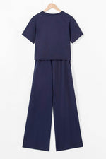 Load image into Gallery viewer, Navy Blue Raw Hem Loose Tee and Wide Leg Pants Set - Fashion Queen -  5
