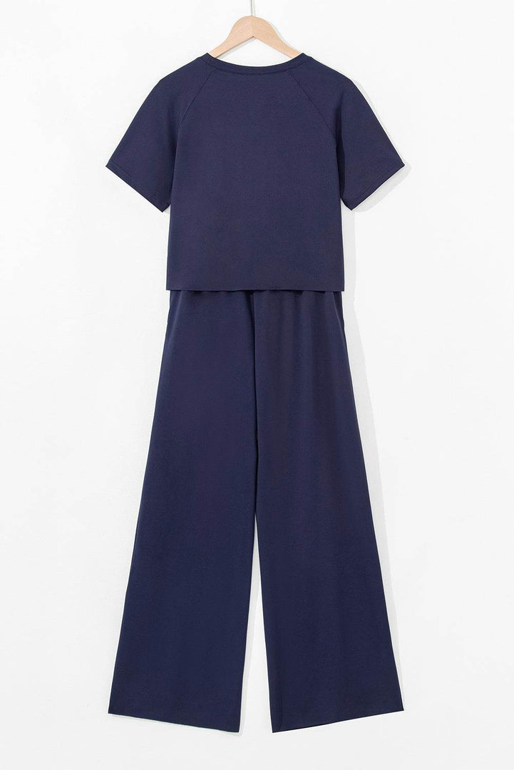 Navy Blue Raw Hem Loose Tee and Wide Leg Pants Set - Fashion Queen -  5