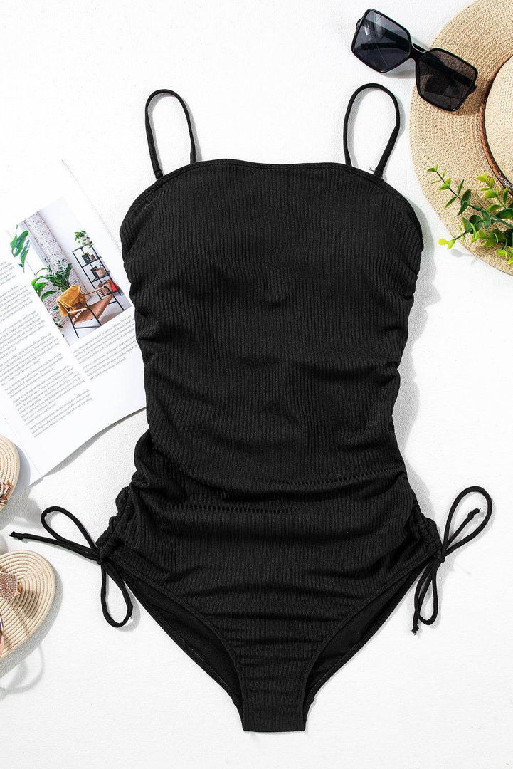 Navy Blue Ribbed Drawstring Sides Cutout One Piece Swimsuit - Fashion Queen -  6