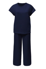 Load image into Gallery viewer, Navy Blue Solid Color Textured Short Sleeve Top and Casual Pants Set - Fashion Queen -  10
