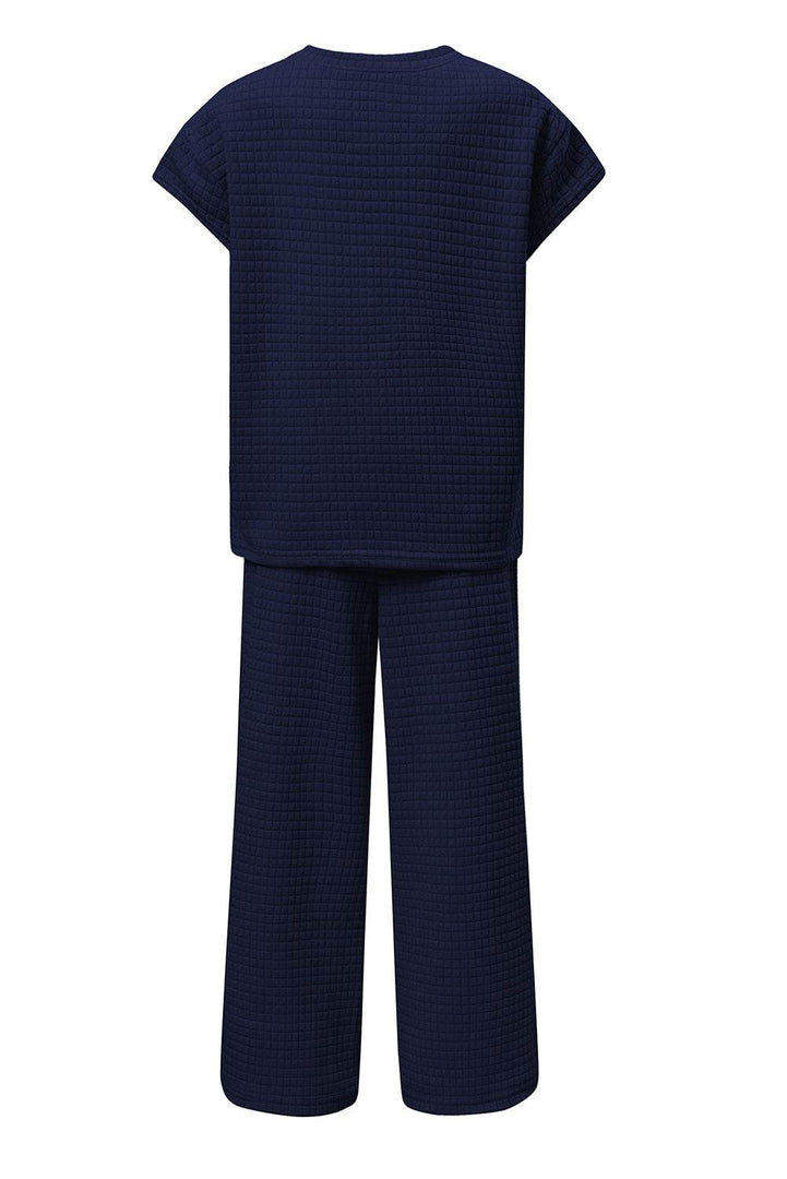 Navy Blue Solid Color Textured Short Sleeve Top and Casual Pants Set - Fashion Queen -  12