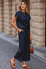 Load image into Gallery viewer, Navy Blue Solid Color Textured Short Sleeve Top and Casual Pants Set - Fashion Queen -  2
