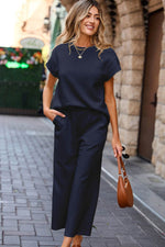 Load image into Gallery viewer, Navy Blue Solid Color Textured Short Sleeve Top and Casual Pants Set - Fashion Queen -  3
