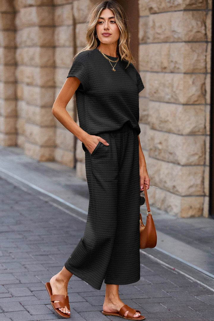 Navy Blue Solid Color Textured Short Sleeve Top and Casual Pants Set - Fashion Queen -  5