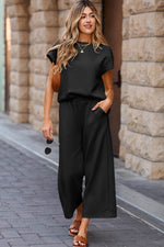Load image into Gallery viewer, Navy Blue Solid Color Textured Short Sleeve Top and Casual Pants Set - Fashion Queen -  6
