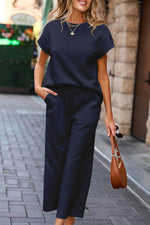 Load image into Gallery viewer, Navy Blue Solid Color Textured Short Sleeve Top and Casual Pants Set - Fashion Queen -  9
