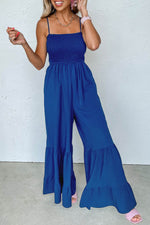 Load image into Gallery viewer, Navy Blue Spaghetti Straps Smocked Ruffled Wide Leg Jumpsuit - Fashion Queen -  1
