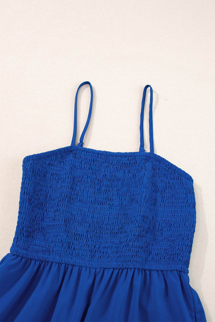 Navy Blue Spaghetti Straps Smocked Ruffled Wide Leg Jumpsuit - Fashion Queen -  10