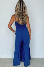 Load image into Gallery viewer, Navy Blue Spaghetti Straps Smocked Ruffled Wide Leg Jumpsuit - Fashion Queen -  2
