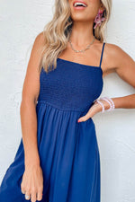 Load image into Gallery viewer, Navy Blue Spaghetti Straps Smocked Ruffled Wide Leg Jumpsuit - Fashion Queen -  3
