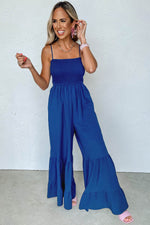 Load image into Gallery viewer, Navy Blue Spaghetti Straps Smocked Ruffled Wide Leg Jumpsuit - Fashion Queen -  4
