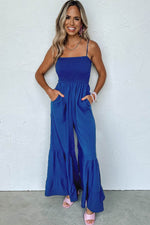 Load image into Gallery viewer, Navy Blue Spaghetti Straps Smocked Ruffled Wide Leg Jumpsuit - Fashion Queen -  5
