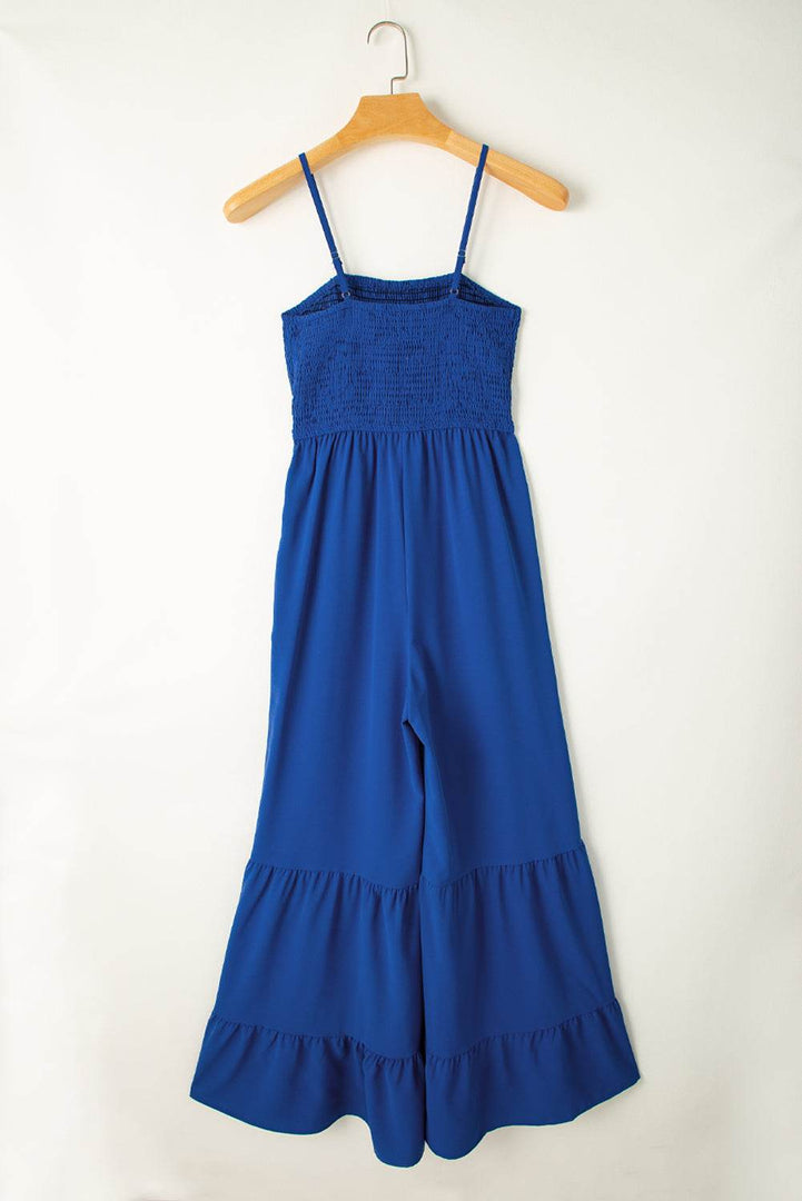 Navy Blue Spaghetti Straps Smocked Ruffled Wide Leg Jumpsuit - Fashion Queen -  6