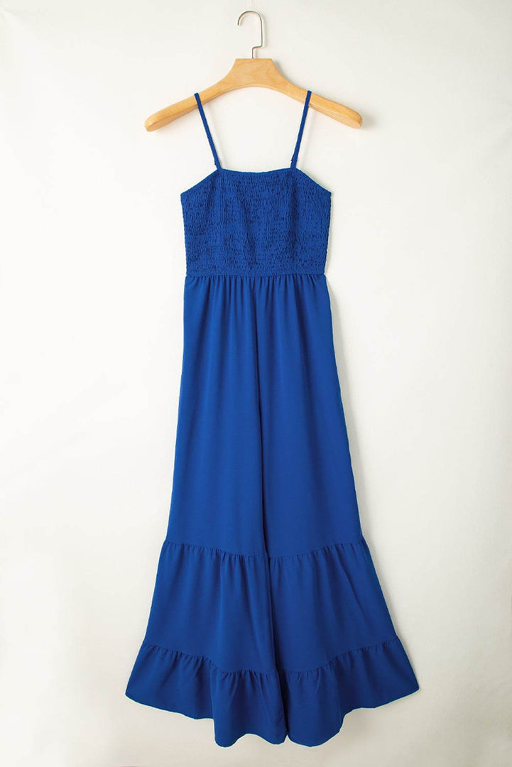 Navy Blue Spaghetti Straps Smocked Ruffled Wide Leg Jumpsuit - Fashion Queen -  7