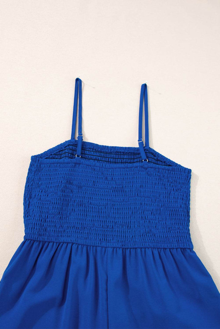 Navy Blue Spaghetti Straps Smocked Ruffled Wide Leg Jumpsuit - Fashion Queen -  9