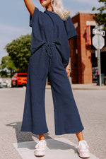 Load image into Gallery viewer, Navy Blue Textured Loose Fit T Shirt and Drawstring Pants Set - Fashion Queen -  1
