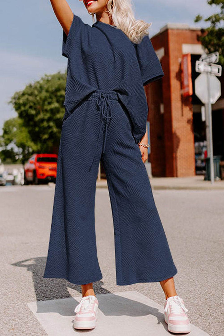 Navy Blue Textured Loose Fit T Shirt and Drawstring Pants Set - Fashion Queen -  1