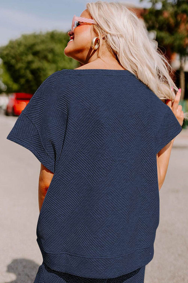 Navy Blue Textured Loose Fit T Shirt and Drawstring Pants Set - Fashion Queen -  2