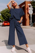 Load image into Gallery viewer, Navy Blue Textured Loose Fit T Shirt and Drawstring Pants Set - Fashion Queen -  3
