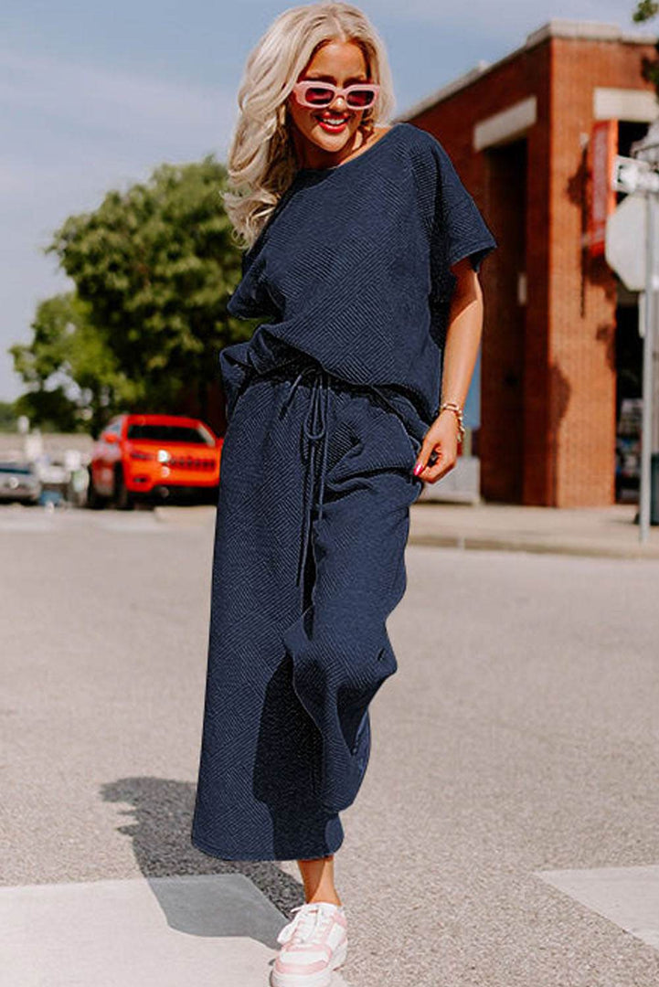 Navy Blue Textured Loose Fit T Shirt and Drawstring Pants Set - Fashion Queen -  4