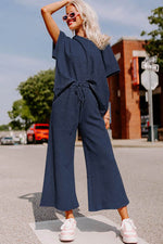 Load image into Gallery viewer, Navy Blue Textured Loose Fit T Shirt and Drawstring Pants Set - Fashion Queen -  5
