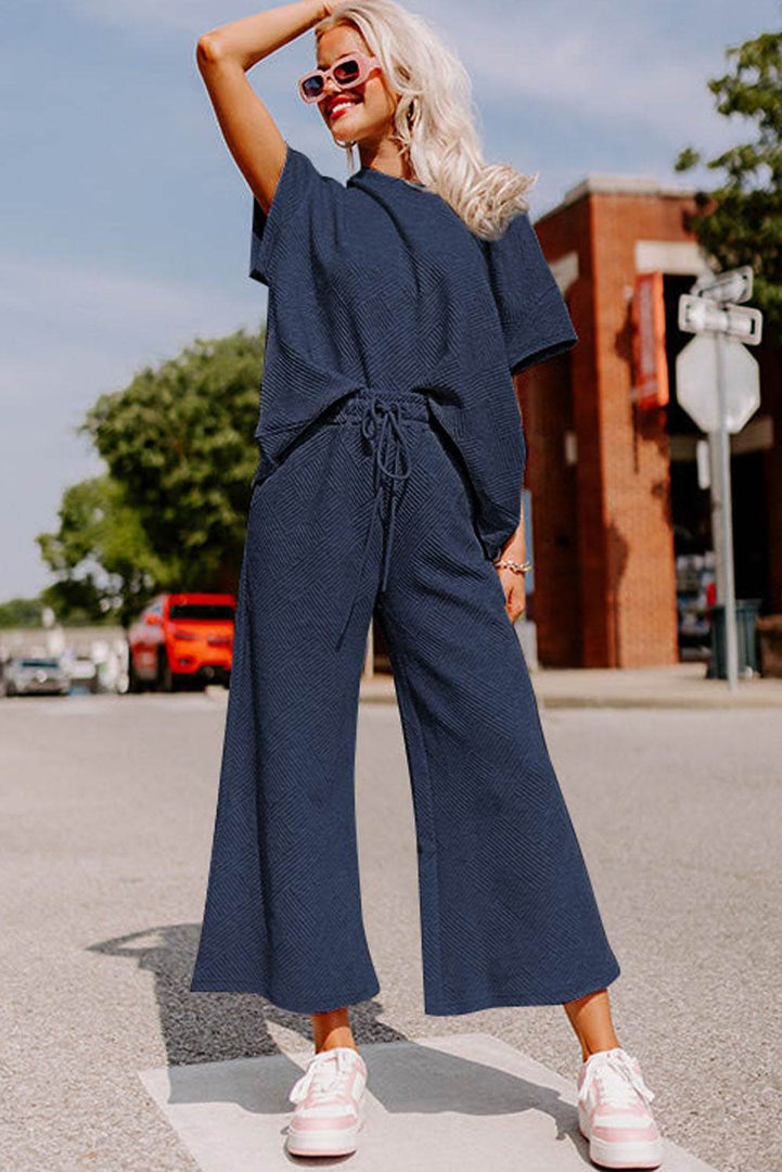 Navy Blue Textured Loose Fit T Shirt and Drawstring Pants Set - Fashion Queen -  5